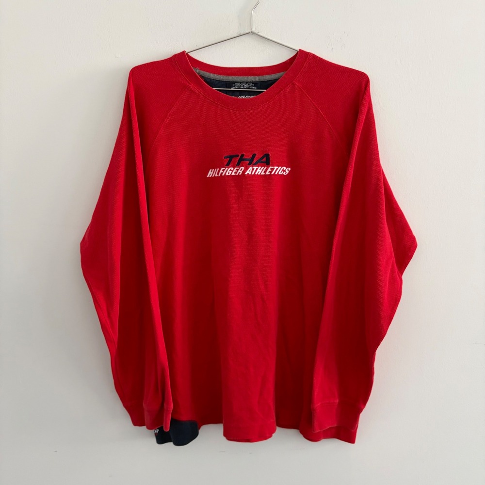 Vintage Hilfiger Athletics THA Waffle Knit Long Sleeve Shirt Red Mens XL